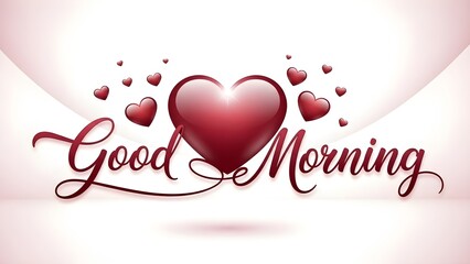 Elegant cursive good morning message featuring a large shiny red heart surrounded by smaller hearts against a soft pink and white gradient background design.