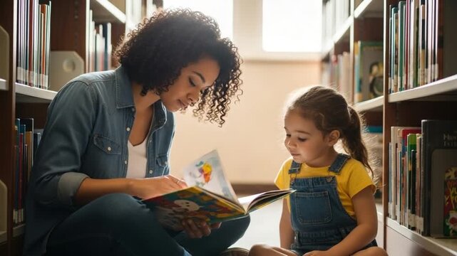 Woman and little girl reading a book together in a library surrounded by books