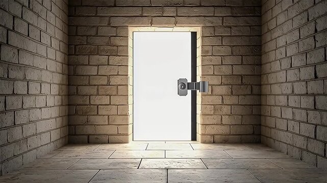 Bright glowing door with lock in stone brick room, light shining through bright open door symbolizing hope and opportunity in dim enclosed space