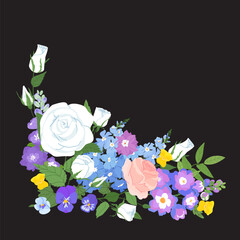 Elegant botanical corner composition with rose blooms and blue delphinium flowers with lush green leaf. Vector illustration featuring romantic accents for heirloom wedding stationery