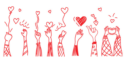 hand drawn love hand gestures with red hearts on white background, red line love hand sign doodle illustration with hearts, minimal hand drawn love gesture line art with red hearts