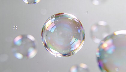 Large iridescent soap bubbles reflecting surrounding colors and light sources, realistic mirrored highlights and refraction distortions