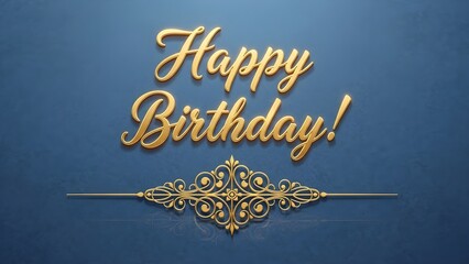Elegant golden script typography spelling out happy birthday with ornate decorative element centered against a rich blue background texture