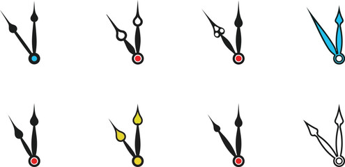 Colorful clock hands set various designs and colors on transparent background