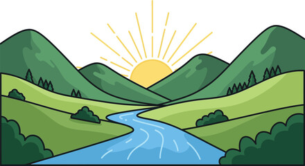 Obraz premium Scenic mountain landscape with a winding river and rising sun on transparent background