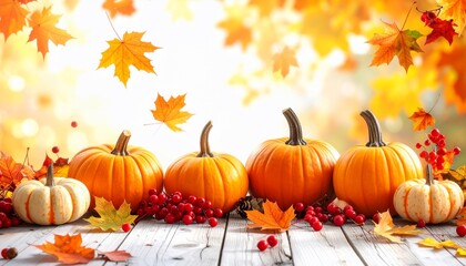 Autumn Harvest Display with Pumpkins, Leaves, and Berries on Wood