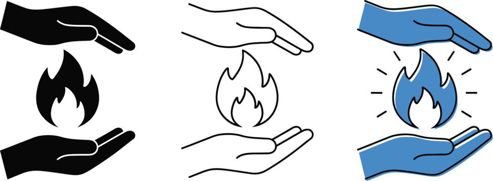 Three hands cupping flame icons in different styles on transparent background