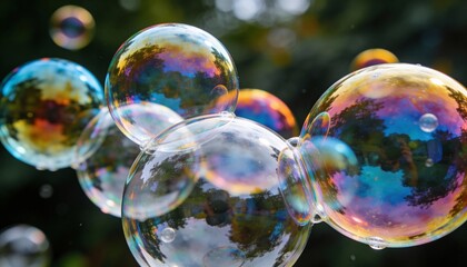 Multiple iridescent soap bubbles floating gently, glowing softly with pastel rainbow reflections, smooth gradients, dreamy yet realistic look