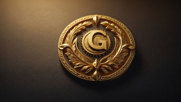 Regal golden coin with initial G and laurel wreath on dark textured background