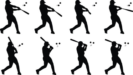 Baseball player silhouette swinging bat hitting ball, batter action sequence poses, professional sport motion illustration isolated on white background © Salman