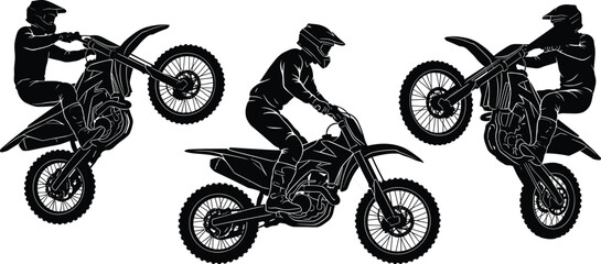 Motocross silhouette, dirt bike stunts, wheelie riders, helmet safety, extreme sport, black artwork, dynamic motion, white background, racing action, adrenaline © Salman