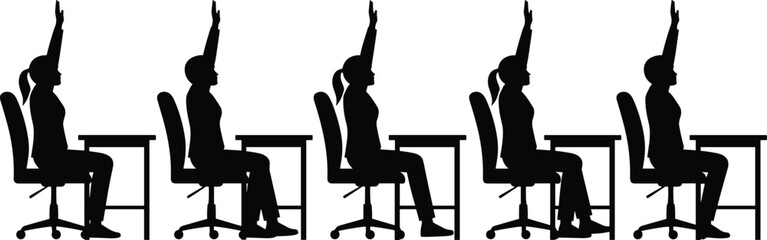 Office worker silhouette raising hand while sitting at desk, business meeting participation, corporate training, education concept isolated white background