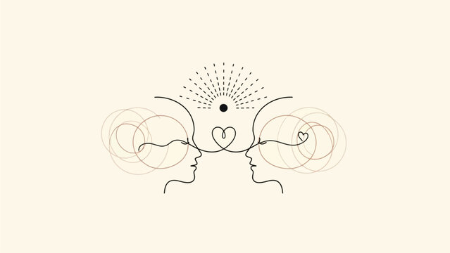 Stunning line art of two people with connected hearts and minds