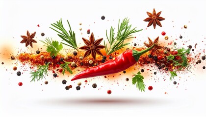 Vibrant Red Chili Pepper with Aromatic Herbs and Spices in Motion