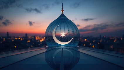 Modern Islamic crescent moon and star glowing inside a glass dome against a city skyline at sunset for Ramadan and Eid celebrations