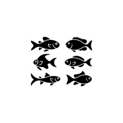6 fish silhouettes in swimming poses, solid black fill 