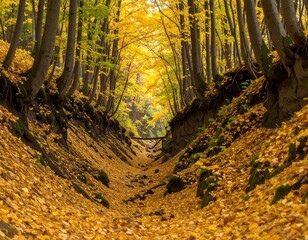 Deep valley path enveloped by trees with vibrant autumn foliage. The golden leaves blanket the ground leading to a wooden bridge