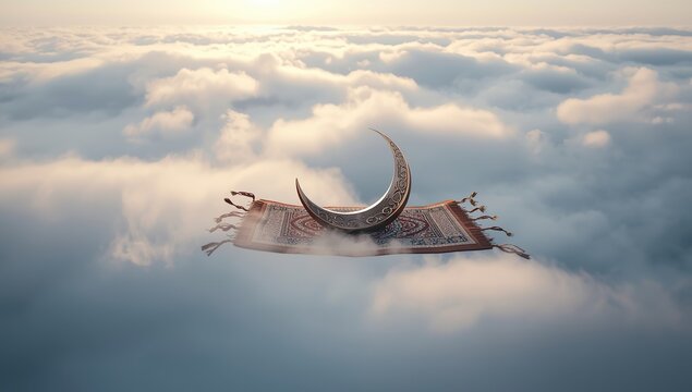 Ornate Silver Crescent Moon on a Traditional Magic Carpet Floating Through Dreamy Clouds for Ramadan and Eid Celebrations