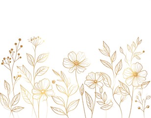 Delicate botanical illustration featuring gold-outlined flora, including flowers, leaves, and stems, on a white backdrop