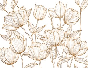 Delicate botanical illustration featuring line art of blooming flowers and foliage with intricate details