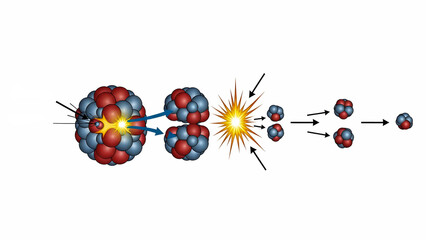 Diagram illustrating the nuclear fission process where a large unstable atom splits into smaller nuclei releasing energy and new neutrons for a chain reaction
