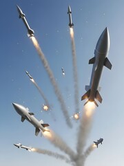 Multiple Tactical Missiles Launching into Blue Sky with Smoke Trails for Military Defense Concepts