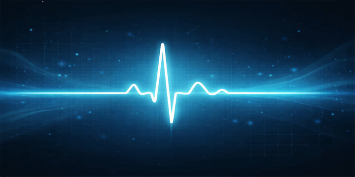 An abstract blue medical monitor screen displaying a cardiology pulse rate through an EKG electrocardiogram wave line that forms a heart shape cardiogram illustration for healthcare life health testin