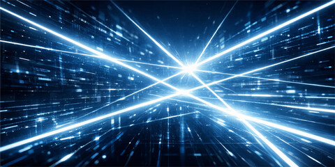 A futuristic digital wallpaper featuring a bright blue pattern of glowing stars and magic light flowing through abstract virtual fractal realms in dark space © NUR 0.2