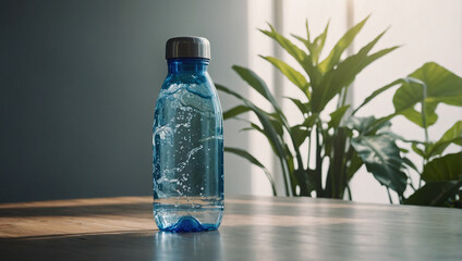 Clear Blue Water Bottle on a Wooden Table with Indoor Plants, Healthy Lifestyle and Daily Hydration Concept