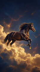 Dark horse galloping through night clouds