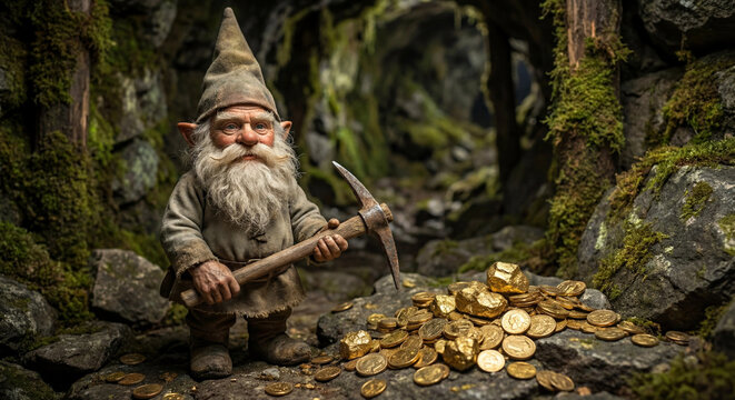 Fantasy gnome with gold coins