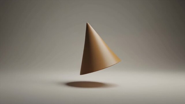A Single Brown Cone Object Levitating Above a Light Brown Surface with a Soft Shadow geometric shape