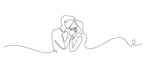 Hand drawn line illustration of a man kissing a woman, drawn in a continuous single line style for love, romance, and relationship concepts.
