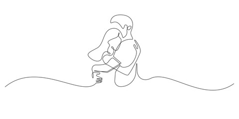Hand drawn line illustration of a man and woman embracing affectionately, drawn in a continuous single line style for love, relationship, and intimacy concepts.