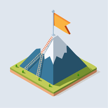 Isometric Mountain with Flag and Ladder Representing Goal Achievement and Success.