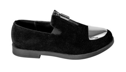 Black suede loafer with silver toe cap and zipper detail