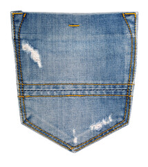 Distressed blue denim jeans back pocket with yellow stitching