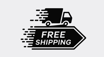 A black and white graphic illustrating a fast delivery truck with "FREE SHIPPING" text on an arrow.