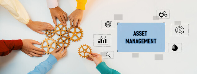 A group of diverse hands assembling wooden gears symbolizes teamwork in asset management. The image features icons for strategic financial planning and innovation. Trope