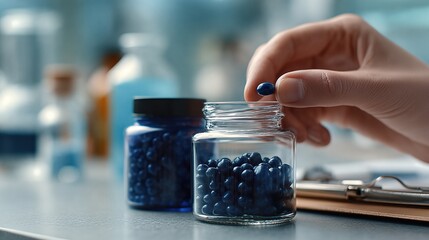 Pill Bottles on Laboratory Table with Hand Holding Blue Pill for Pharmaceutical