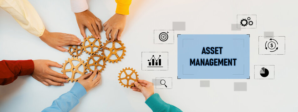 A group of diverse hands assembling wooden gears symbolizes teamwork in asset management. The image features icons for strategic financial planning and innovation. Trope - Powered by Adobe