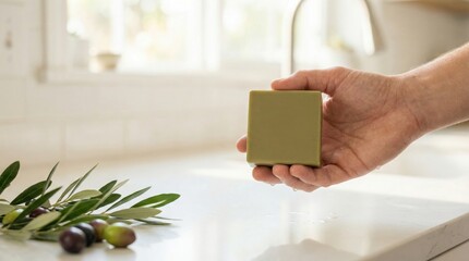 Hand holding olive oil soap bar with olives on bright kitchen counter for skincare.