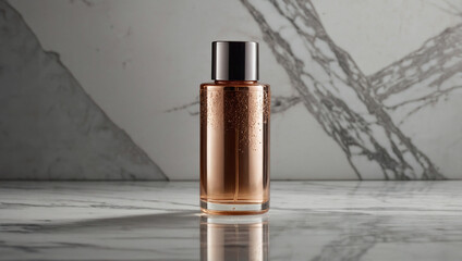 Luxury Copper Metallic Perfume Bottle with Black Cap on Marble, Sophisticated Fragrance Product Design