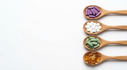 Wooden spoons with assorted pills and capsules arranged for wellness concept.