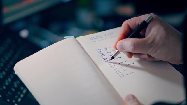 Project Checklist Notebook Task Planning Workflow. Closeup business workspace showing hand writing checklist items paper notebook productivity organization