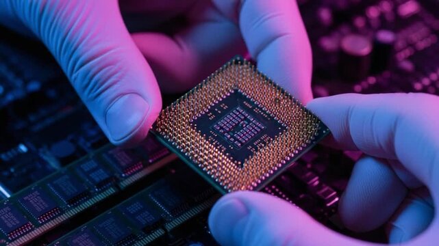 Gloved hands holding a computer microchip with purple and blue lighting effects