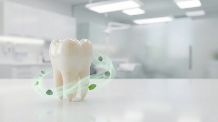 Single tooth with protective shield and particles illustrating oral hygiene concept.
