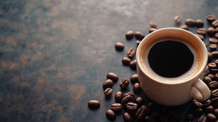 Rich black coffee in white cup with beans scattered on rustic surface - Powered by Adobe