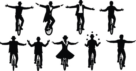 Silhouette circus performers riding unicycles, juggling and balancing, black vector illustration of acrobats, entertainers, vintage style show © MDBELAL