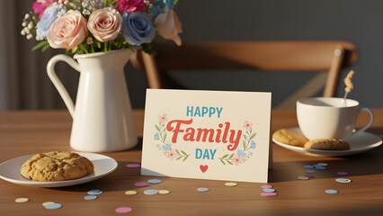 Happy family day celebration with cookies and flowers